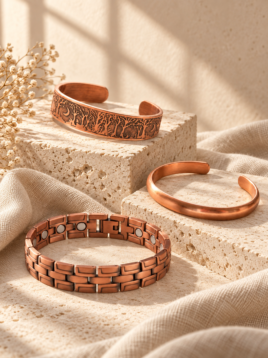 Copper cuffs and a link bracelet from the All Copper Jewellery collection