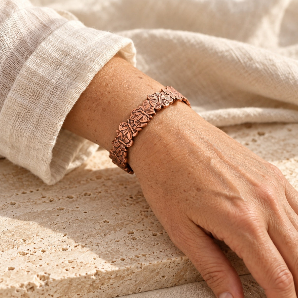 Copper&Ease — Sky Butterfly Copper Cuff — worn on the wrist