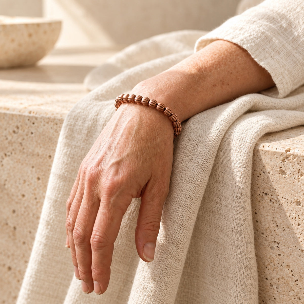 Copper&Ease — Bark Textured Copper Bead Bracelet — worn on the wrist