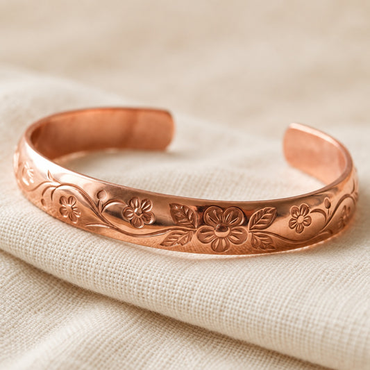 Copper&Ease — Bloom Floral Copper Cuff — surface detail
