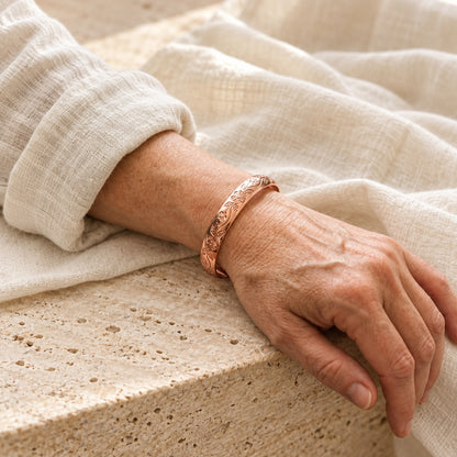 Copper&Ease — Bloom Floral Copper Cuff — worn on the wrist