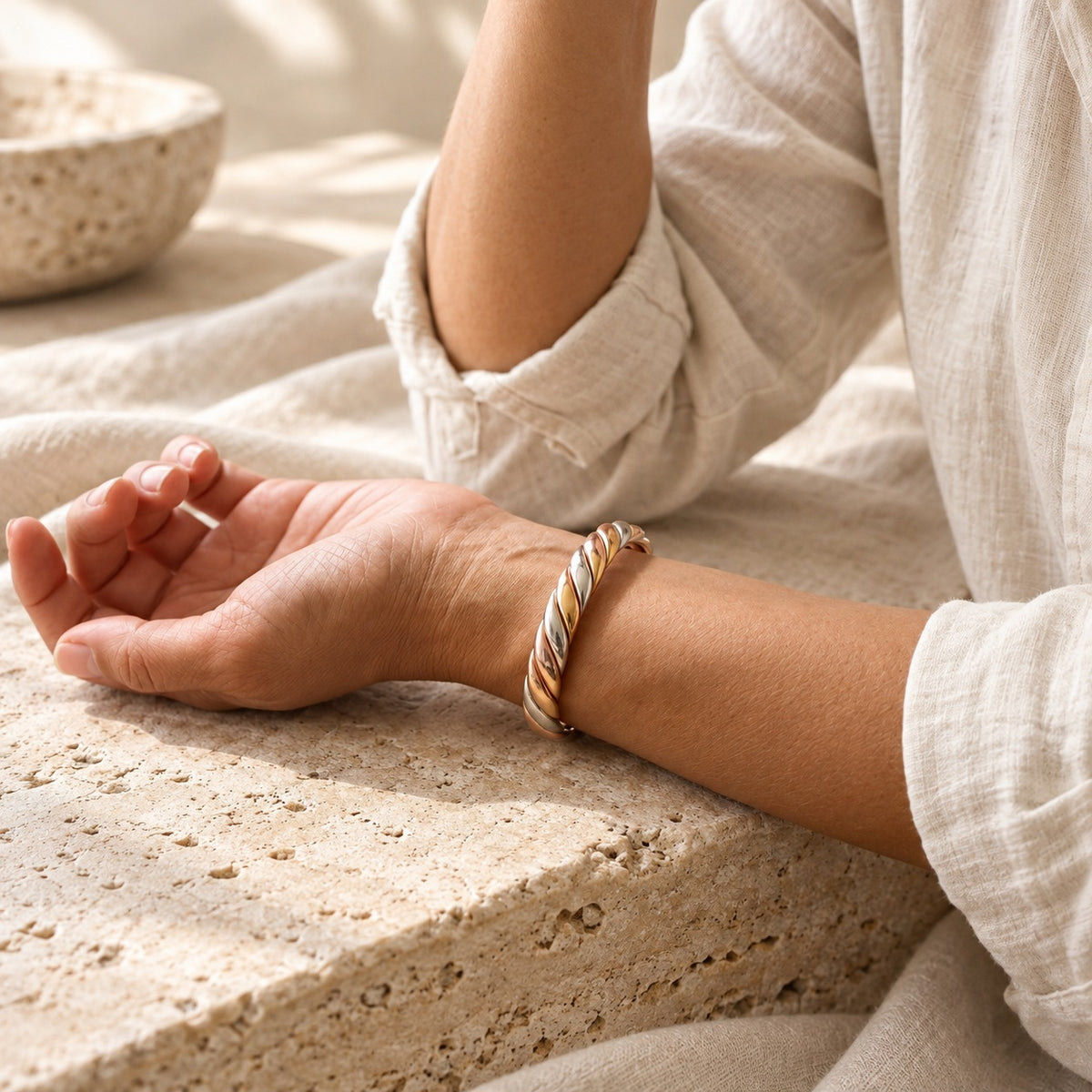 Copper&Ease — Bog Three-Tone Twist Cuff — worn on the wrist