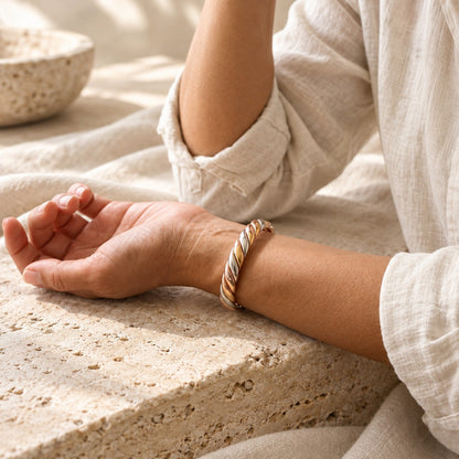 Copper&Ease — Bog Three-Tone Twist Cuff — worn on the wrist