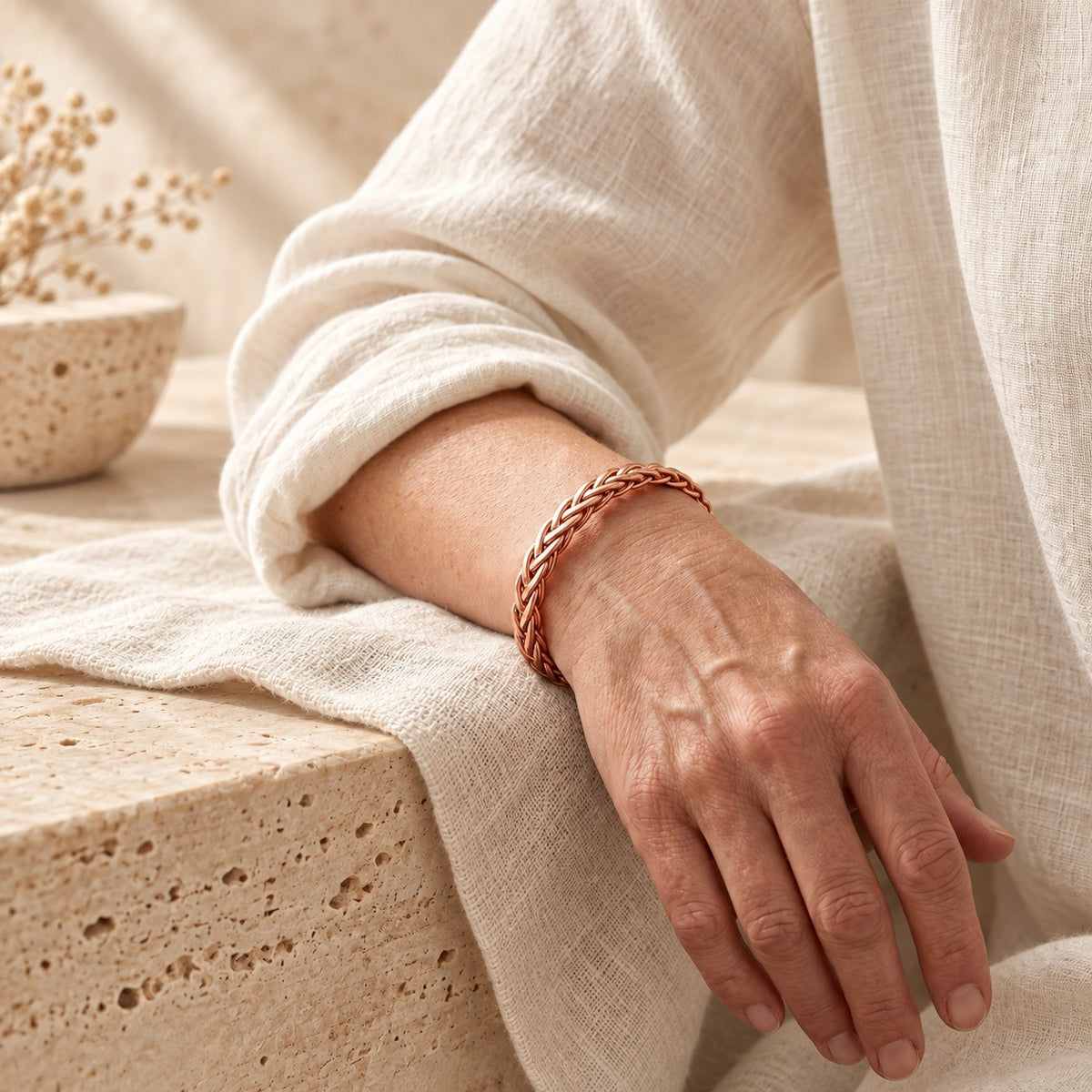 Copper&Ease — Bramble Braided Copper Cuff — worn on the wrist