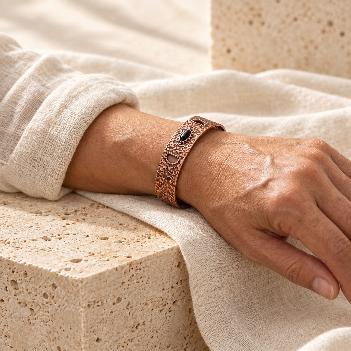 Copper&Ease — Brume Dark-Centre Copper Cuff — worn on the wrist