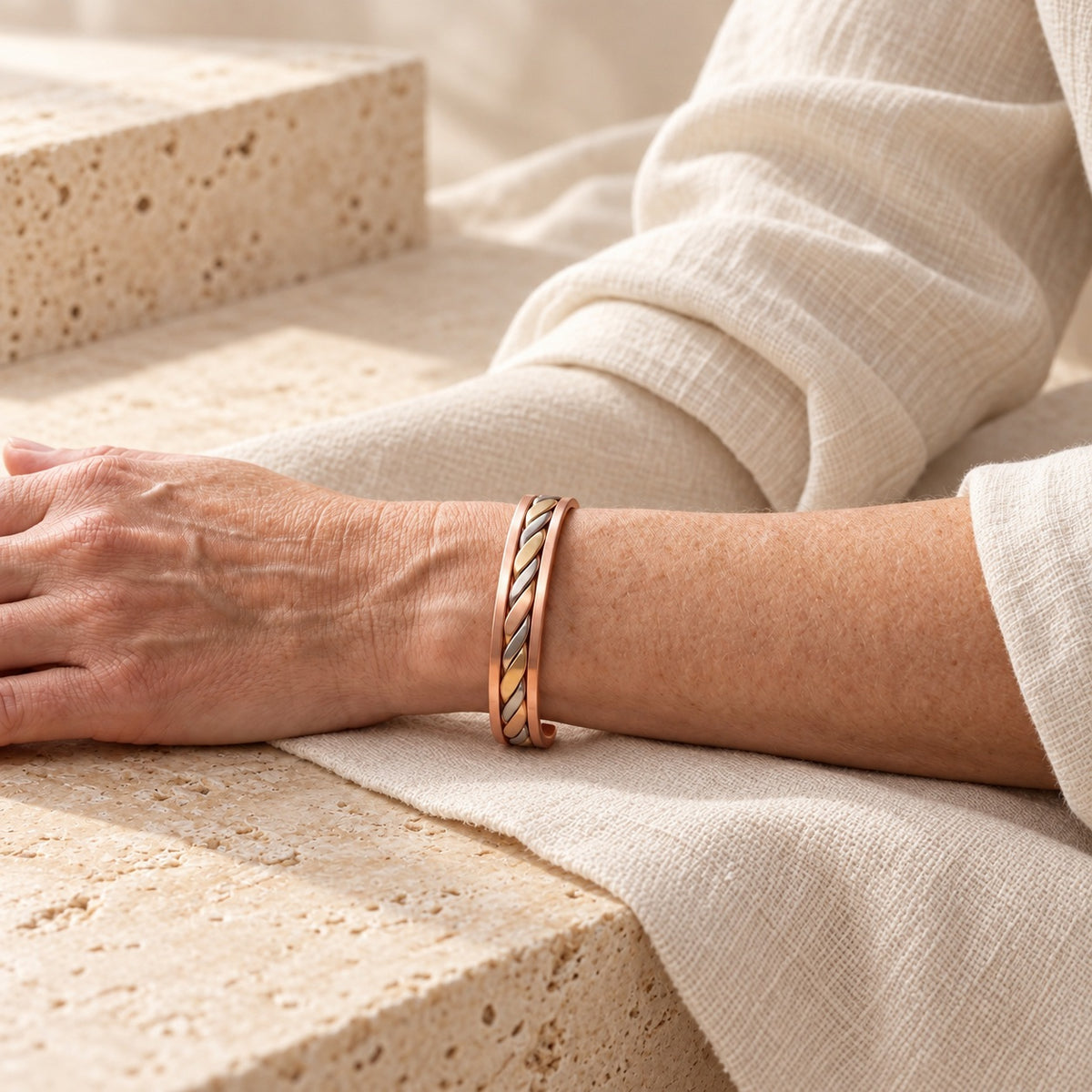 Copper&Ease — Bud Three-Tone Braid Cuff — worn on the wrist