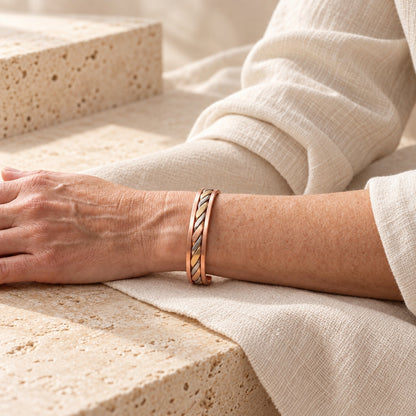 Copper&Ease — Bud Three-Tone Braid Cuff — worn on the wrist