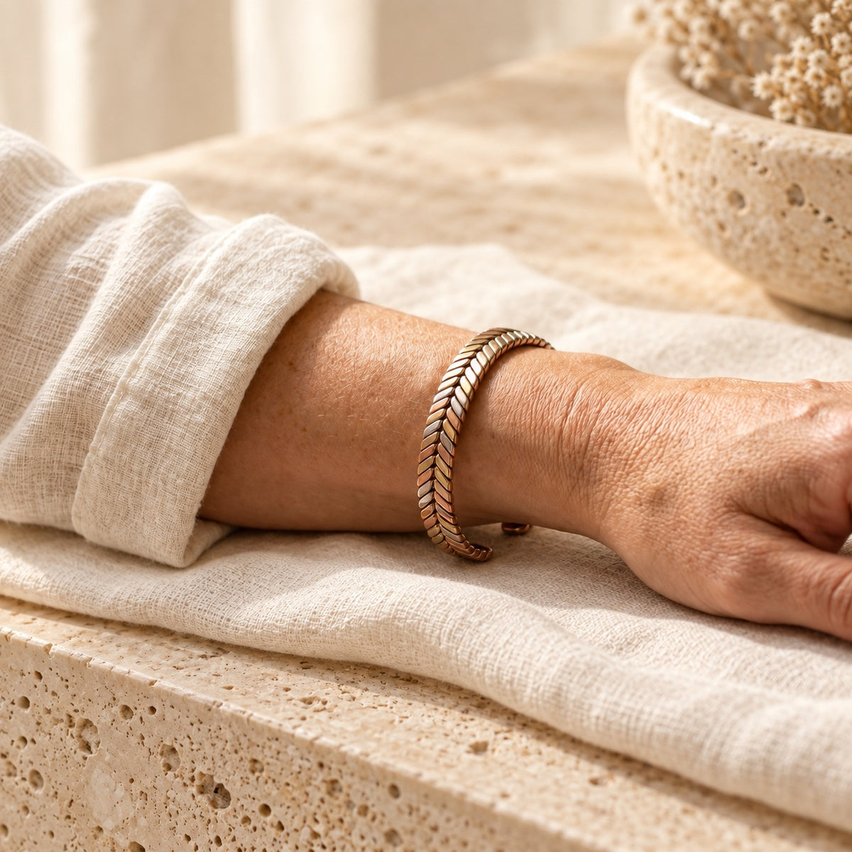 Copper&Ease — Copse Fine Braid Cuff — worn on the wrist