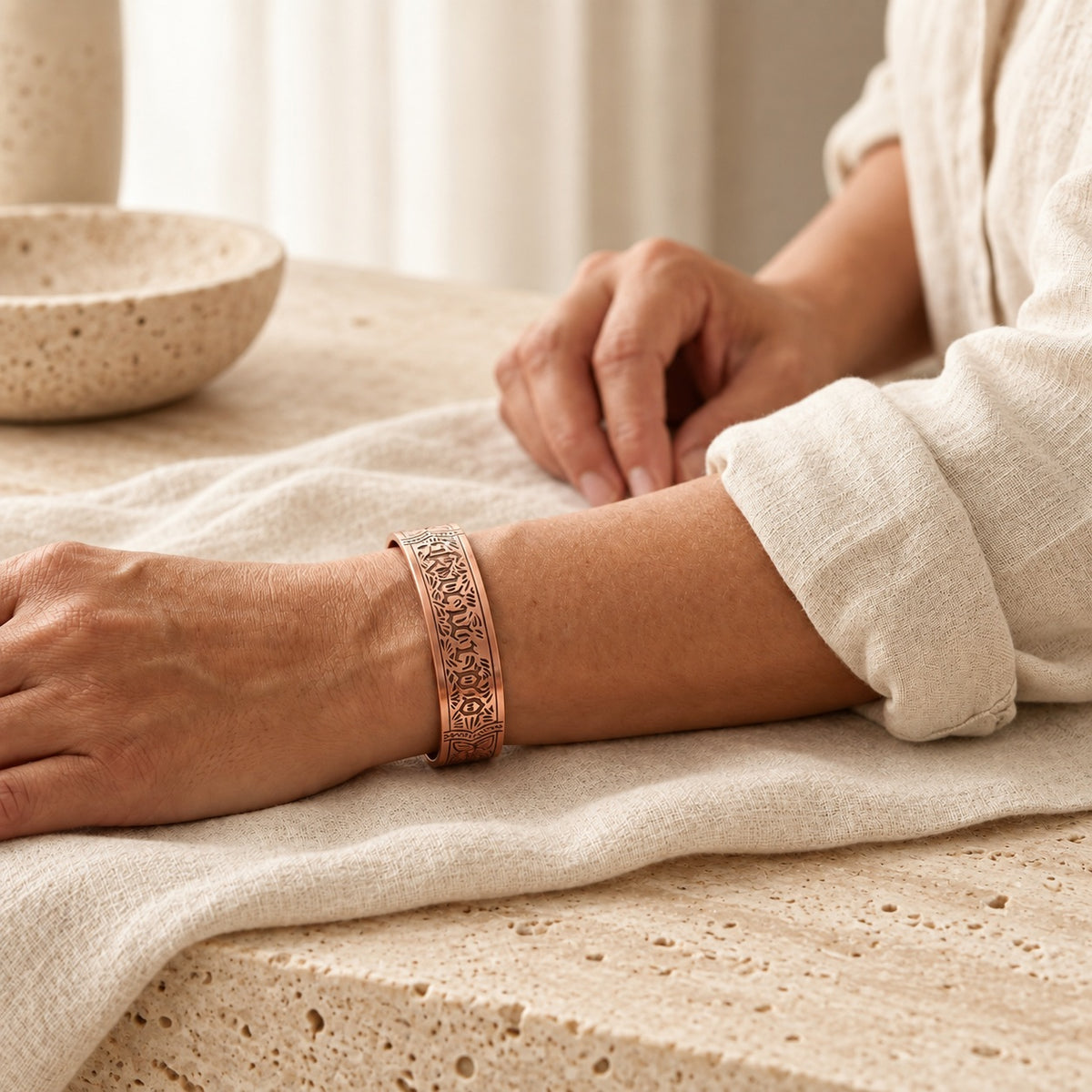 Copper&Ease — Drift Ornate Magnetic Copper Cuff — worn on the wrist
