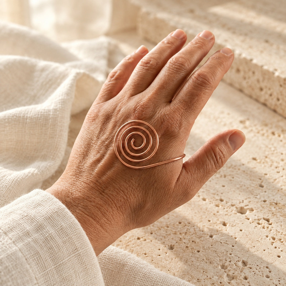 Copper&Ease — Flow Spiral Copper Hand Bracelet — worn on the hand