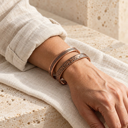 Copper&Ease — Forge Patterned Copper Cuff Duo — worn on the wrist