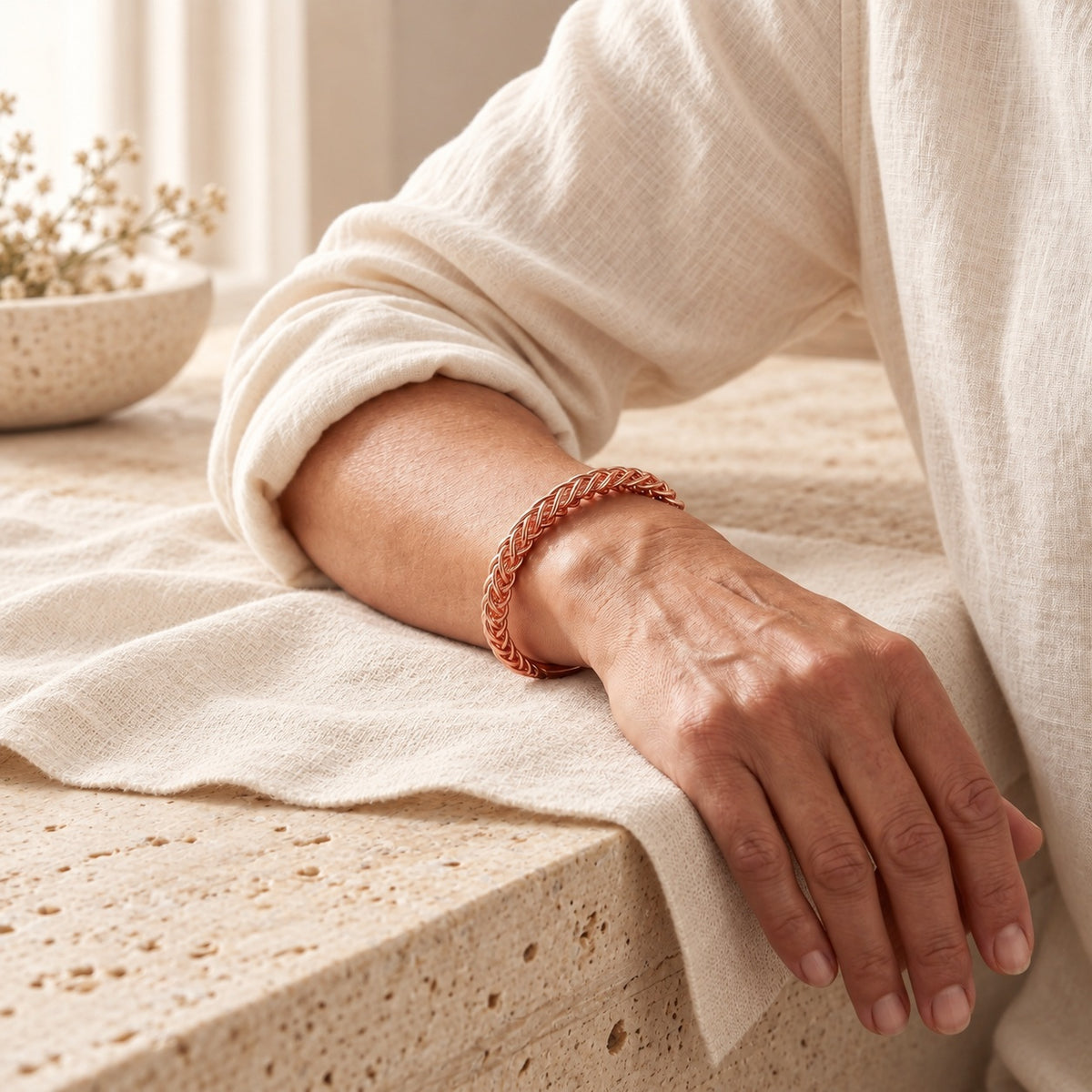 Copper&Ease — Fox Slender Braid Copper Cuff — worn on the wrist