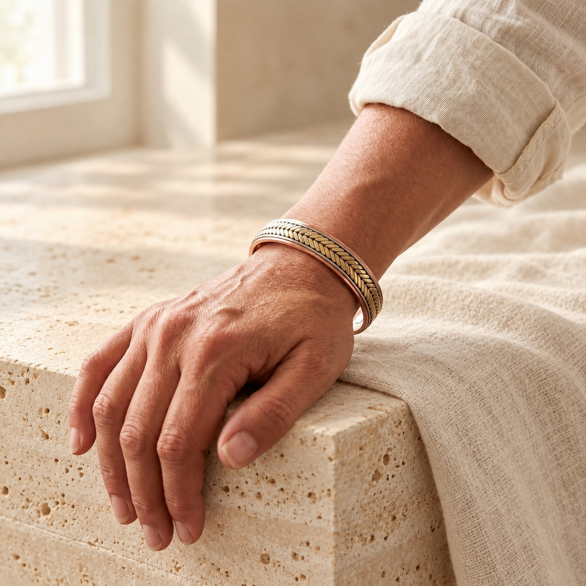 Copper&Ease — Harvest Herringbone Copper Cuff — worn on the wrist