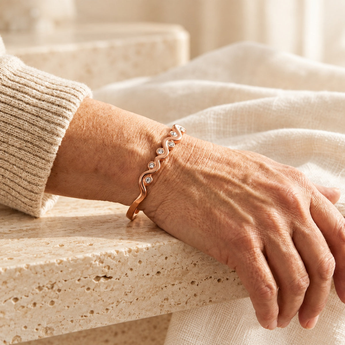 Copper&Ease — Lark Wave-Detail Copper Cuff — worn on the wrist