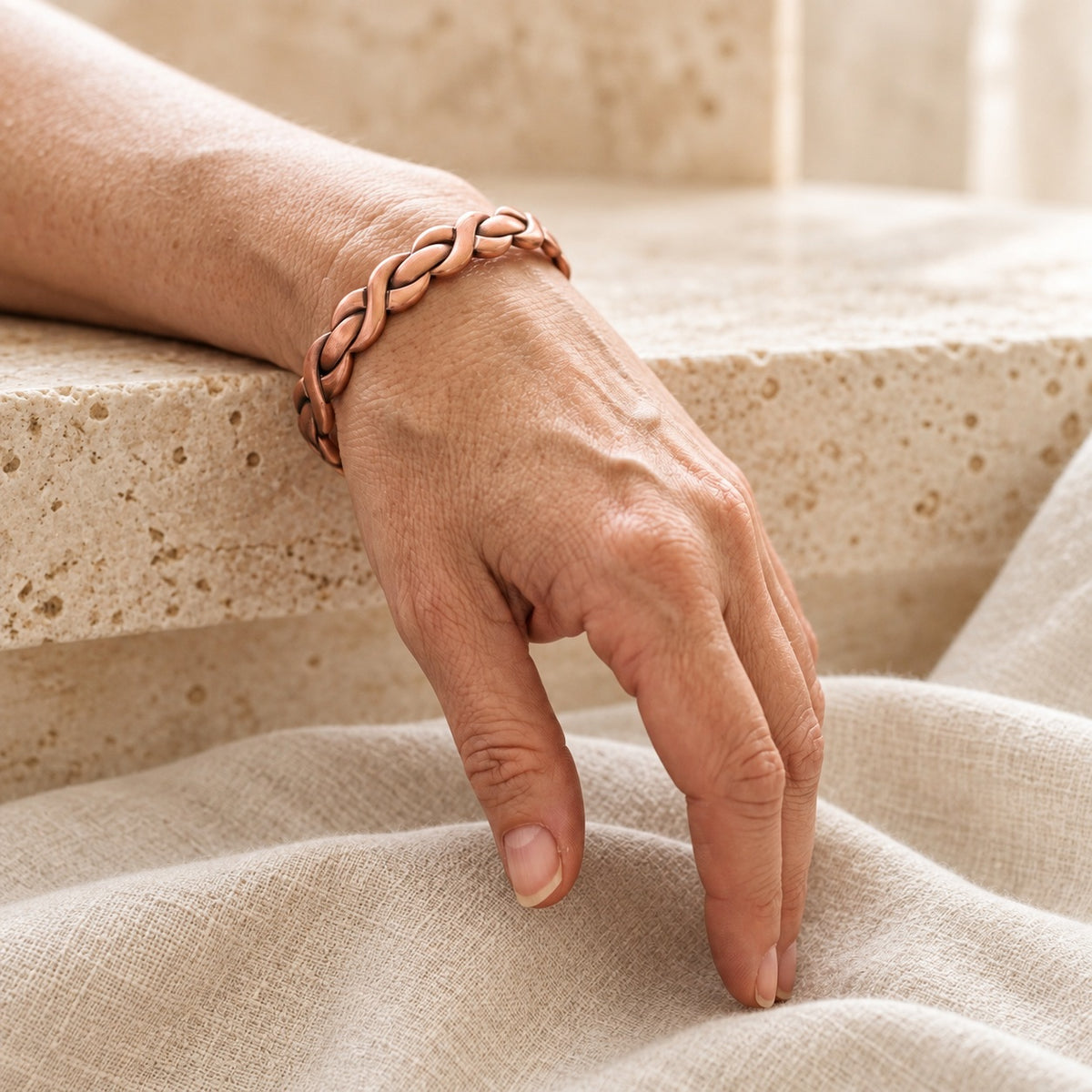 Copper&Ease — Loom Braided Copper Cuff — worn on the wrist