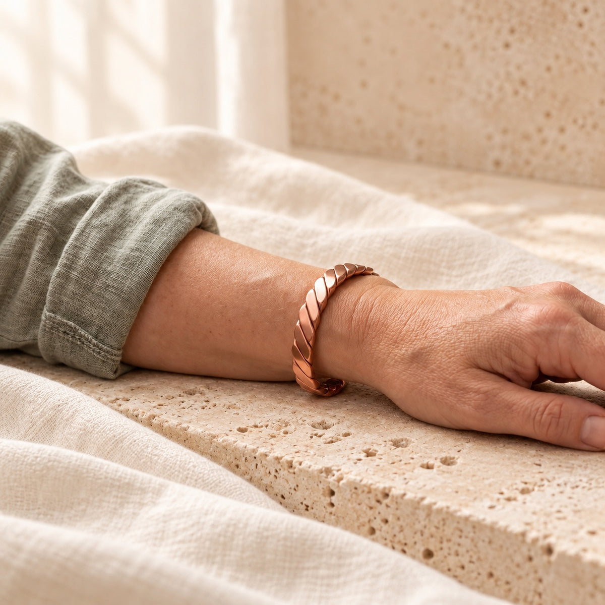 Copper&Ease — Moss Faceted Copper Cuff — worn on the wrist