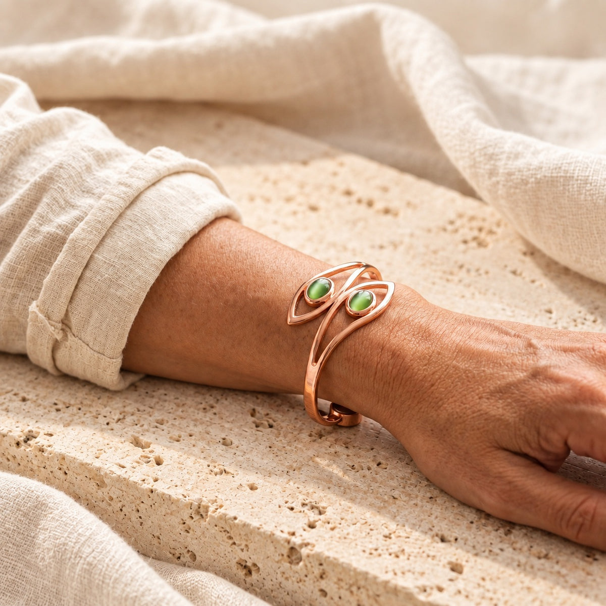 Copper&Ease — Opal Green Orbital Cuff — worn on the wrist