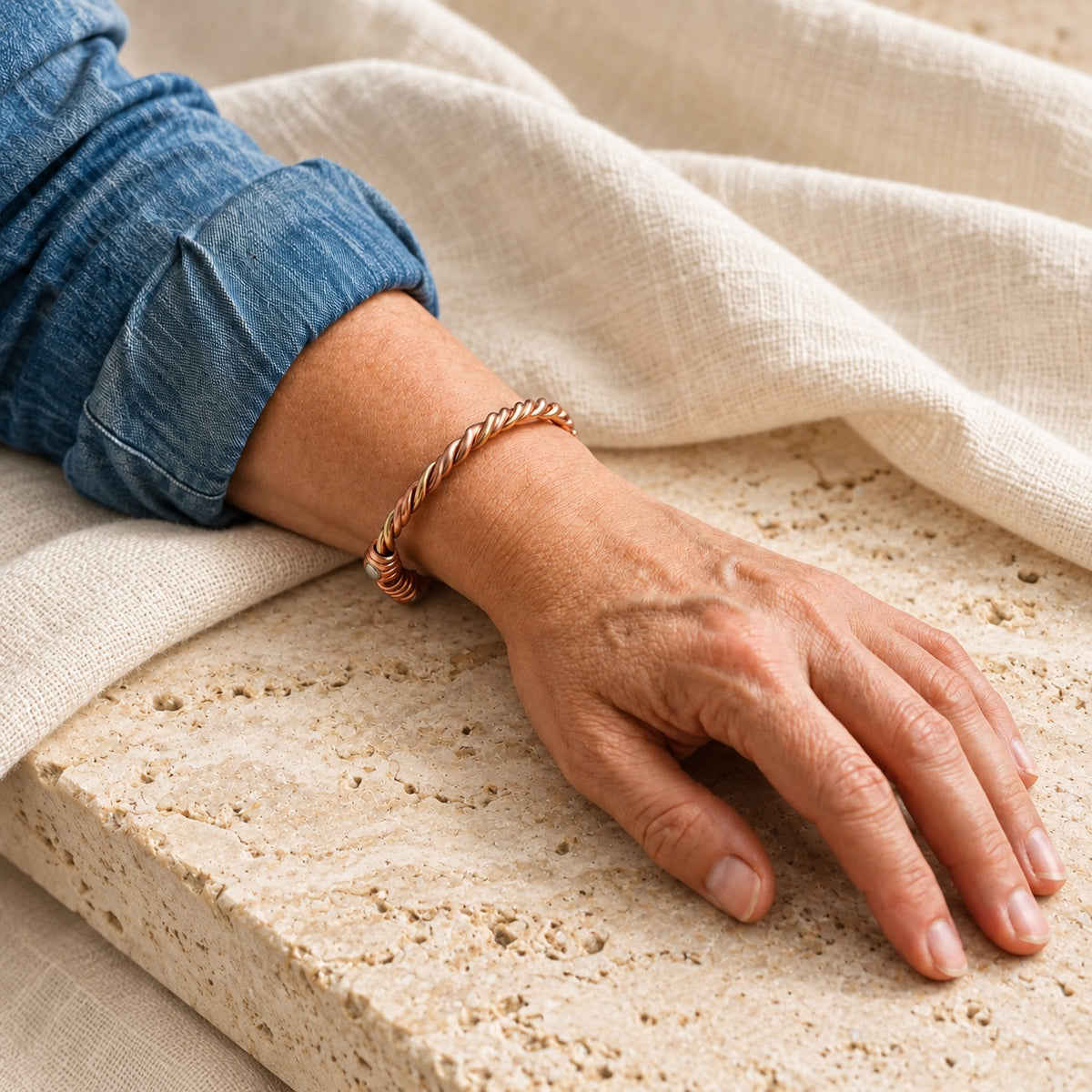 Copper&Ease — River Rope Copper Cuff — worn on the wrist