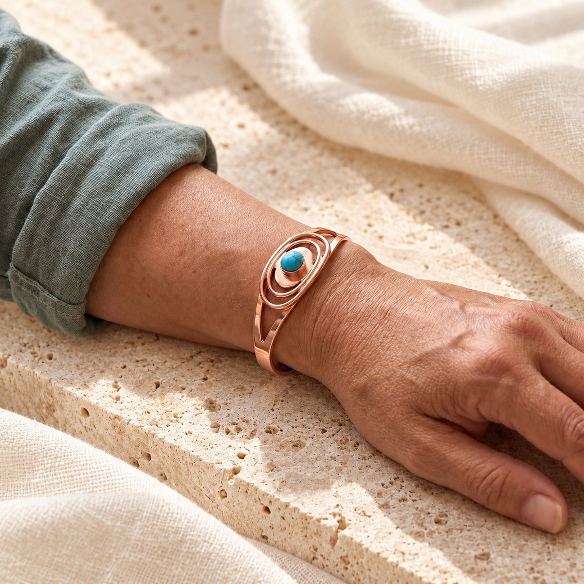 Copper&Ease — Sedge Blue Orbital Copper Cuff — worn on the wrist