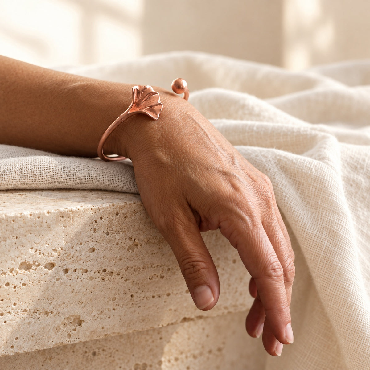 Copper&Ease — Shell Flower Copper Cuff — worn on the wrist