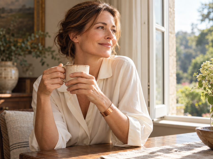 A woman enjoying tea in morning light