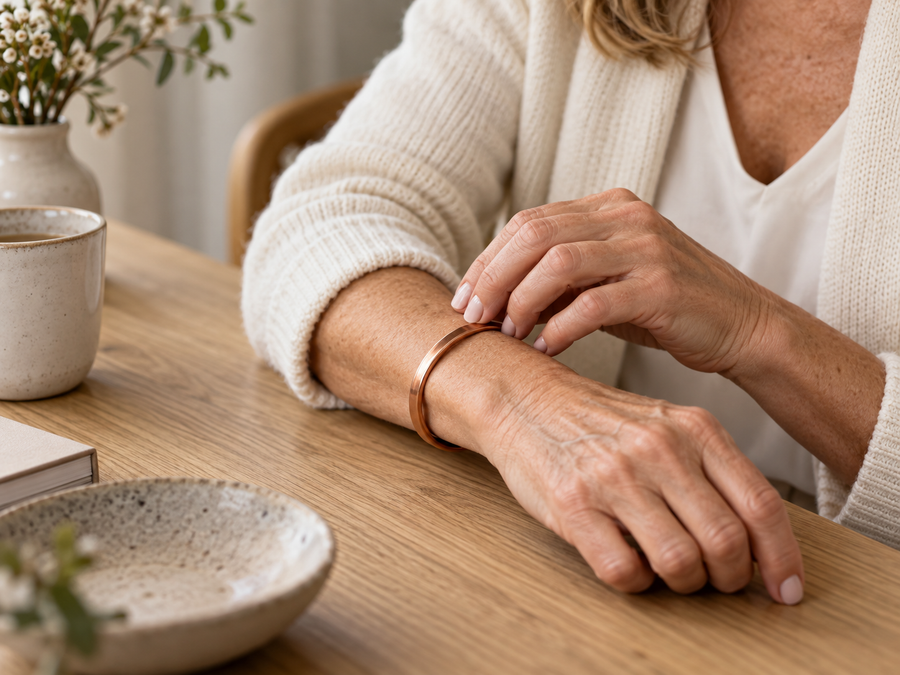 Hands gently adjusting a copper bracelet