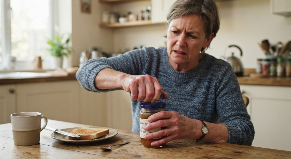 Woman trying to open a jar at the kitchen table